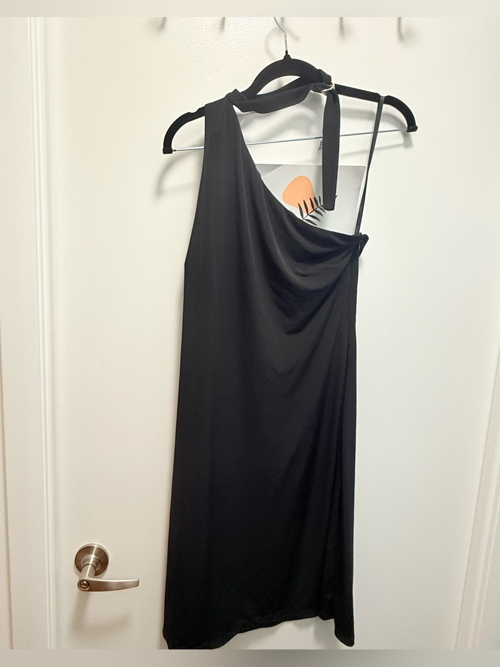 Calvin Klein Black One-Shoulder Draped Sheath Dress with Gold O-Ring